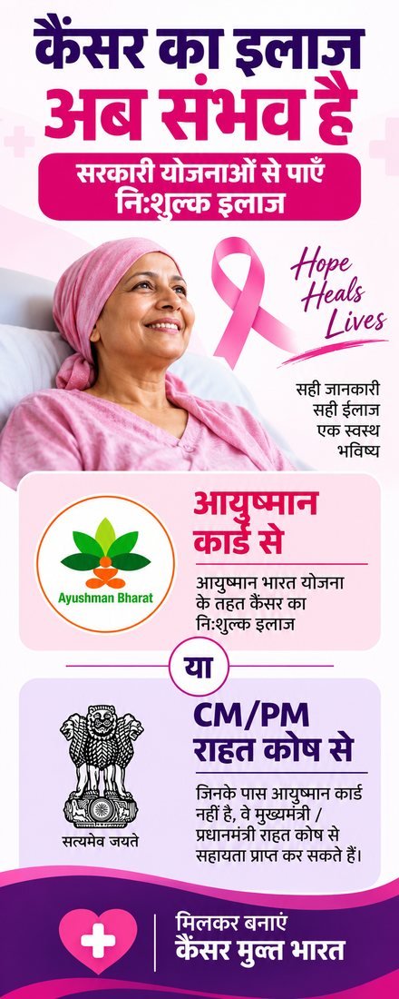 कैंसर का इलाज अब संभव है — सरकारी योजनाओं से पाएँ निःशुल्क इलाज। Free cancer treatment under the Ayushman Bharat card or the CM/PM Relief Fund at Rohilkhand Cancer Institute, Shahjahanpur.